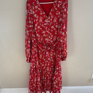 Draper James Red Floral Midi Dress Size 2X Long Sleeve Belted